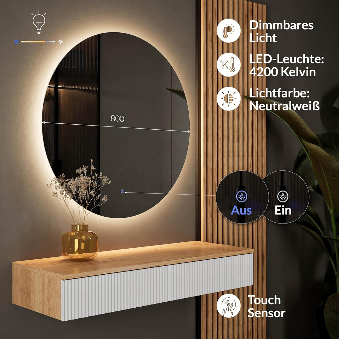 Planetmöbel Flur Garderobe Set Konsolentisch 100 cm inkl. Spiegel mit Beleuchtung rund (ohne Rahmen)