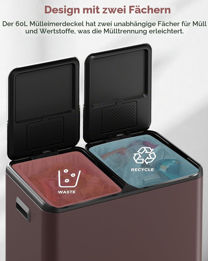 LIFERUN Mülleimer 2 Fächer, 2 x 30 Liter Treteimer mit Geruchsfilter, Deckel Geräuschlos, Inneneimer
