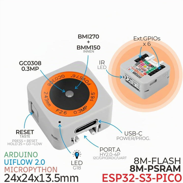 M5Stack ATOMS3R Cam | ESP32-S3-PICO GC0308 Camera| Camera IoT Development Kit | Entwicklungsset