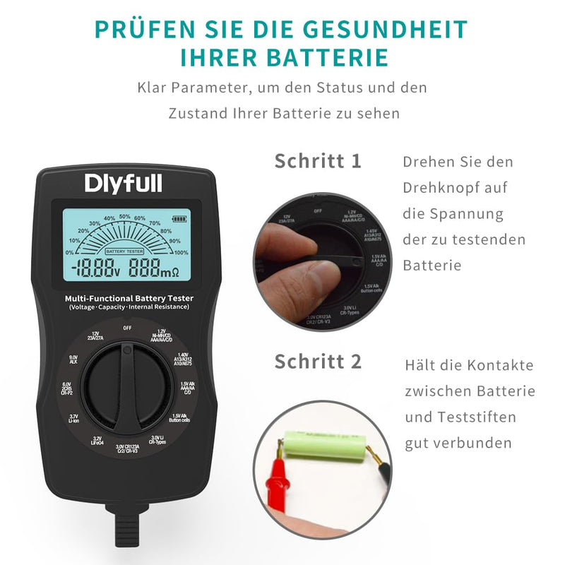 Dlyfull Batterietester Universal LCD Batterieprüfer, Profi Digital Batterie Messgerät für Akku, Batt