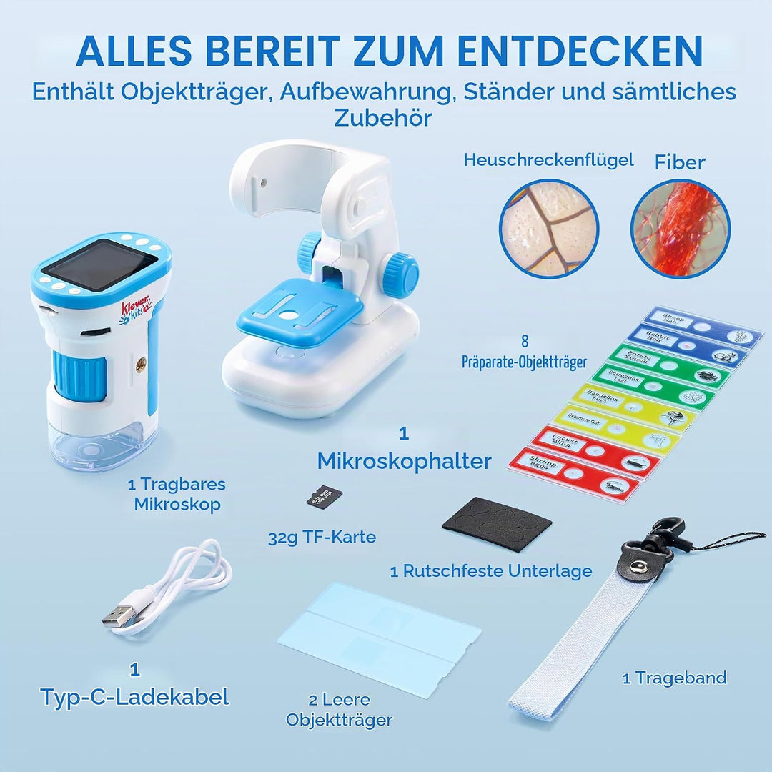 Klever Kits Handmikroskop für Kinder, 2-in-1-Experimentierspielzeug mit tragbarem Mikroskop und 12 O