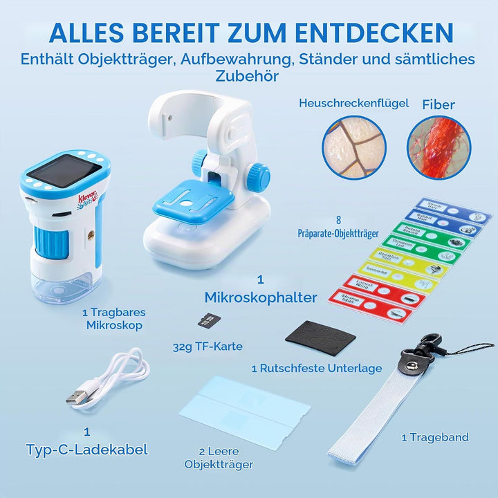 Klever Kits Handmikroskop für Kinder, 2-in-1-Experimentierspielzeug mit tragbarem Mikroskop und 12 O