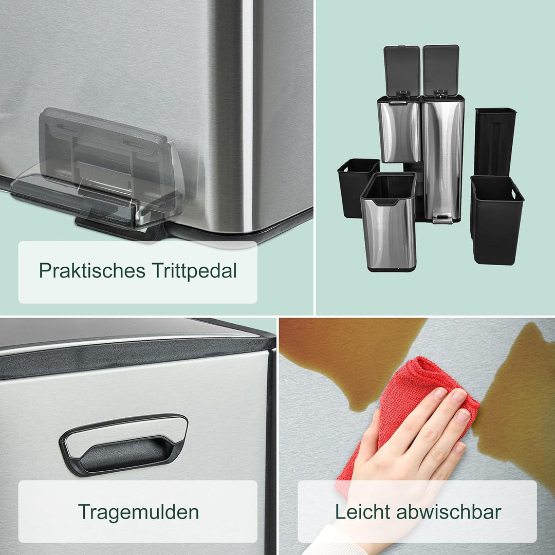 Relaxdays Mülleimer, 3 Fächer, 60 L, entnehmbare Inneneimer, Soft Close, Fusspedal, Edelstahl, Müllt