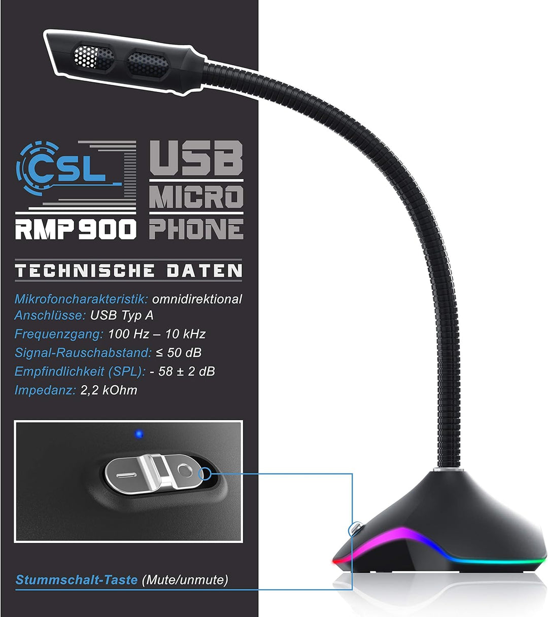 CSL - USB PC Mikrofon RGB – Tischmikrofon Standmikrofon – einstellbare Lautstärke – hohe Klangqualit