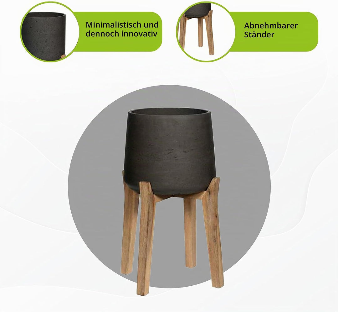 Finestgreen Patt Feet High | Handgefertigtes Pflanzgefäss auf Holzfüssen (XXL Ø:43,5 H:65 cm, Schwar