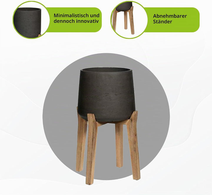 Finestgreen Patt Feet High | Handgefertigtes Pflanzgefäss auf Holzfüssen (XXL Ø:43,5 H:65 cm, Schwar