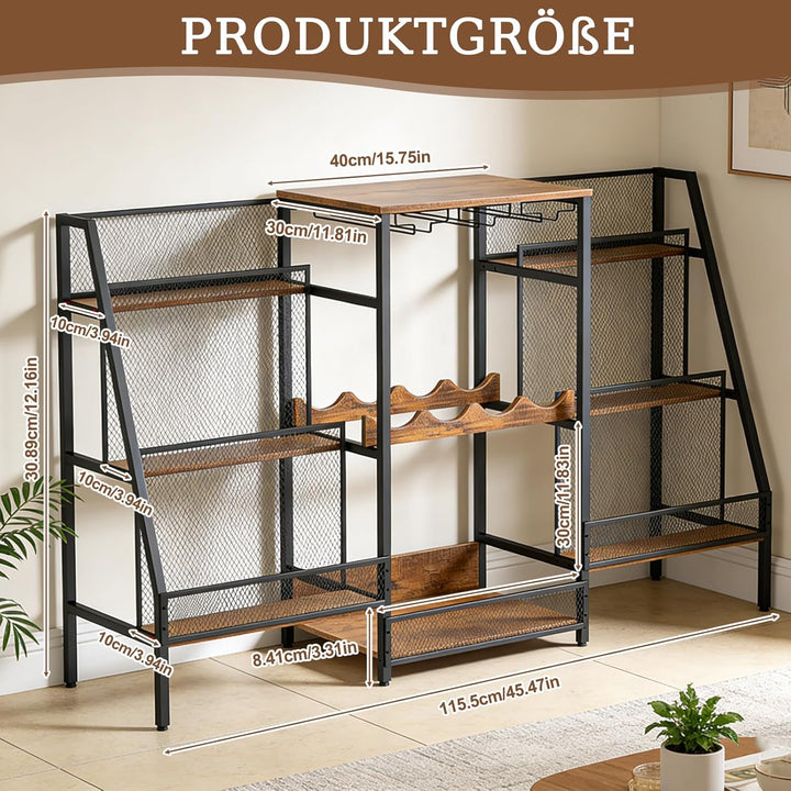 8-Tier Abgestufte Liquor Cabinet Mini Bar, Freistehendes Weinregal mit Geländer und Glashalter, Meta