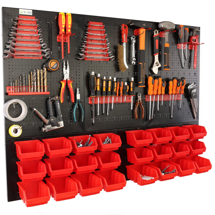 botle® Werkzeugwand Lochwand aus Metall, Stapelboxen + Wandregal + Werkzeughalter 51-tlg Set, Kleint