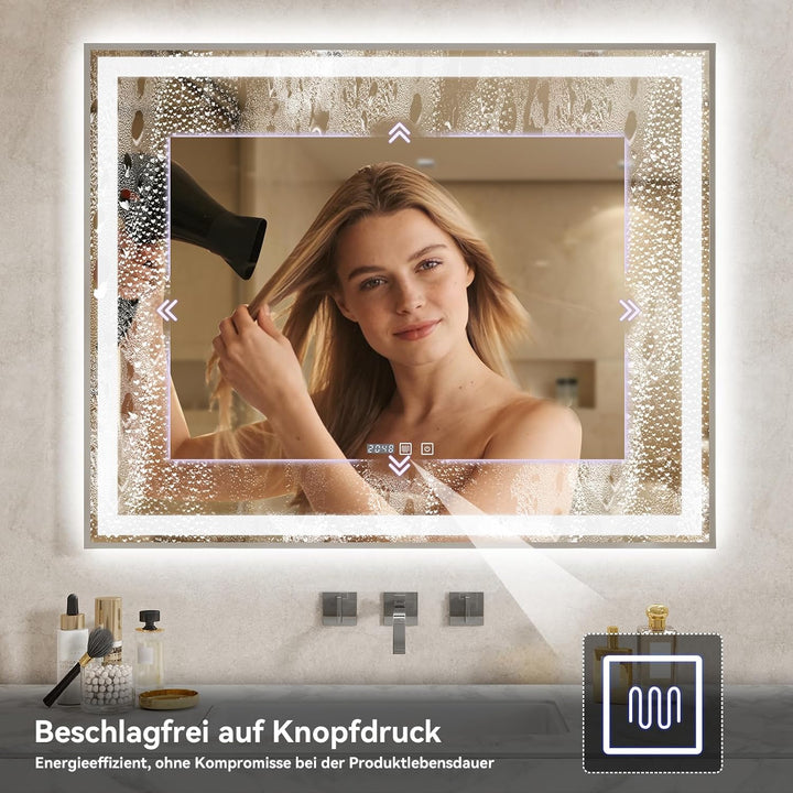 YU YUSING Badspiegel mit Beleuchtung 100x80cm Badezimmerspiegel mit Beschlagfrei 3 Lichtfarbe Dimmba