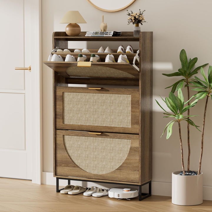 Rattan Schuhschrank Schmal, Schuhregal mit 3 Klappen, Schuhkipper mit Verstellbar, Schuhaufbewahrung