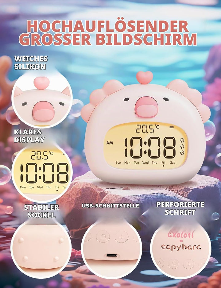 IHALO Cute Axolotl Kinderwecker, Nachttischwecker mit Nachtlicht, digitales LED-Display, 3,15 Zoll,