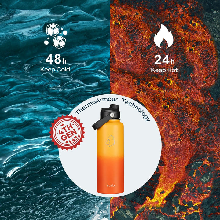 BUZIO 1,2L Edelstahl Trinkflasche isoliert mit Strohhalm &amp; Ausgussdeckel | Grosse Wasser-Thermoflasc