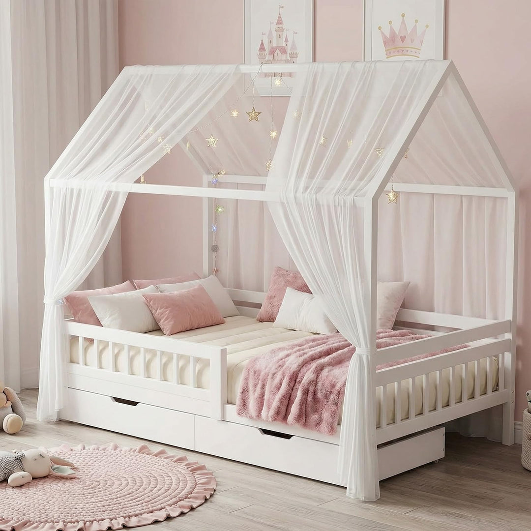 2 Stück Hausbett Himmel Set, Betthimmel für Hausbett Deko, Bett Vorhang für Mädchen und Jungen im Ki