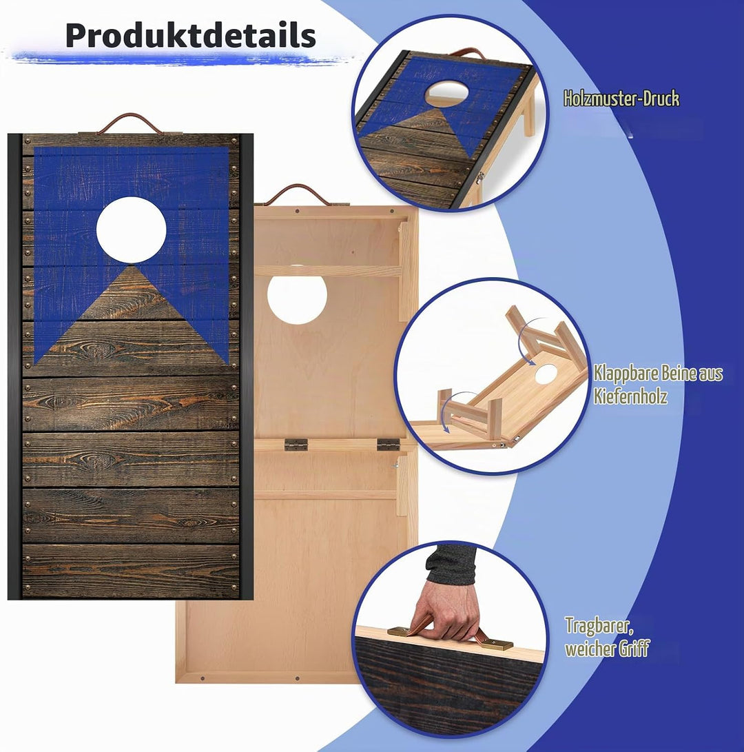 NZQXJXZ Cornhole Spiel Set aus Massivholz – 120 x 55 cm Faltbare Cornhole Bretter mit 8 Sitzsäcken u