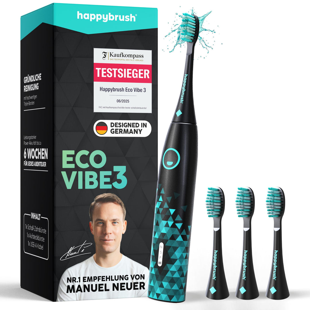happybrush® Elektrische Schall-Zahnbürste Eco VIBE 3 - Nachhaltige Zahnbürste mit 6 Wochen Power-Akk