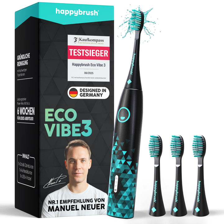 happybrush® Elektrische Schall-Zahnbürste Eco VIBE 3 - Nachhaltige Zahnbürste mit 6 Wochen Power-Akk