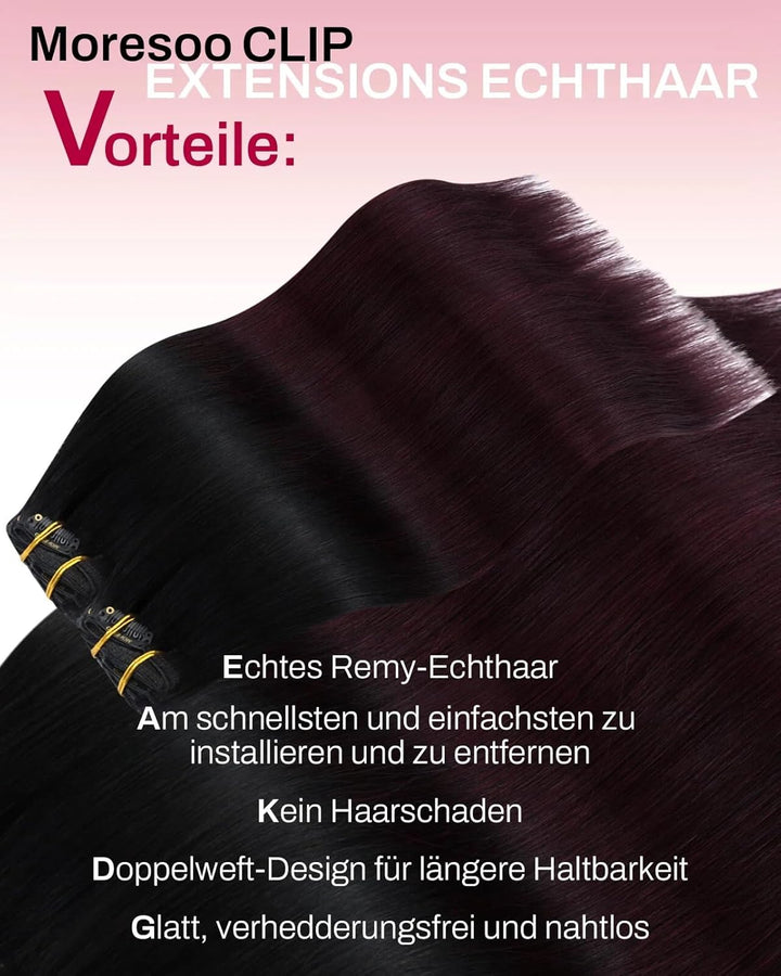Moresoo Clip Extensions Echthaar Weinrot Haarextension Echthaar Clip in Remy Echthaar Extensions 35