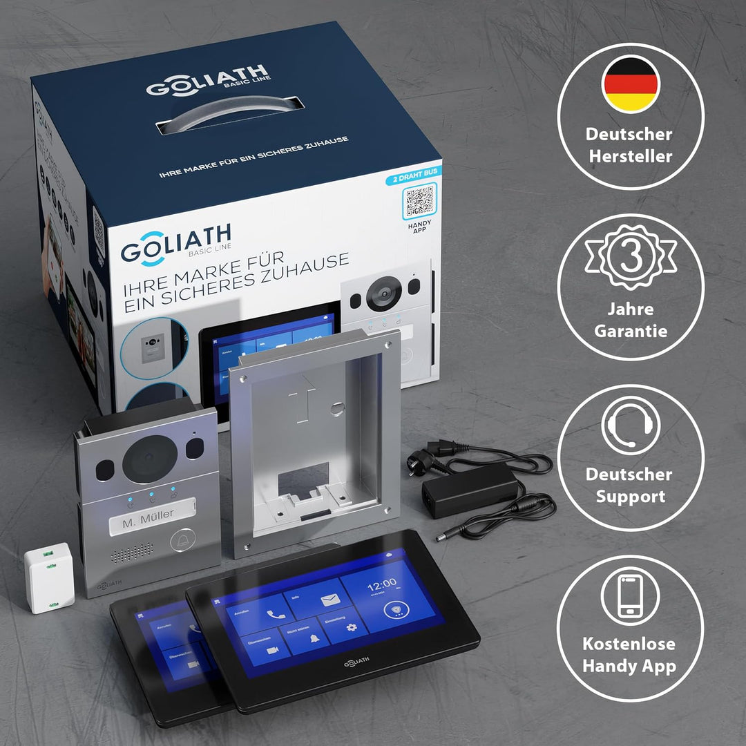 GOLIATH Basic Video Türsprechanlage, 2 Draht Bus, 2X 7 Zoll Monitor, Unterputz Türklingel mit Kamera
