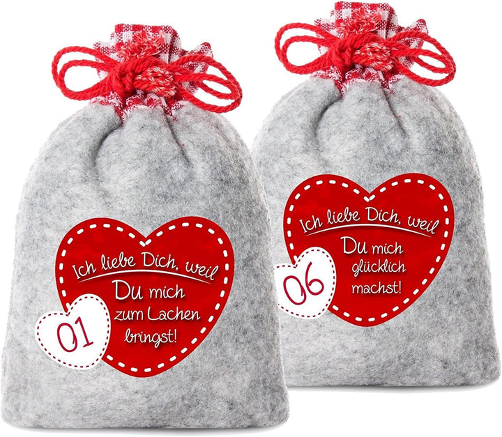 24 Adventskalender Säckchen aus Filz mit 24 Gründen Ich Liebe Dich, Weil - 2017 (für Erwachsene Männ