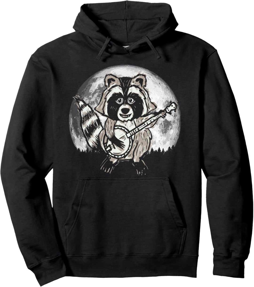 Raccoon Playing Banjo & Moon Funny Nocturnal Animal Pullover Hoodie
