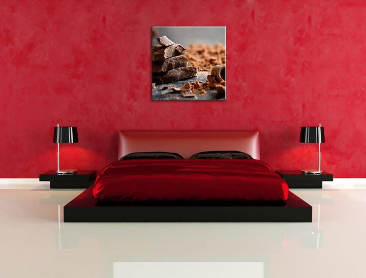 Dunkle Schokoladenraspeln, Format: 70x70 auf Leinwand, XXL riesige Bilder fertig gerahmt mit Keilrah