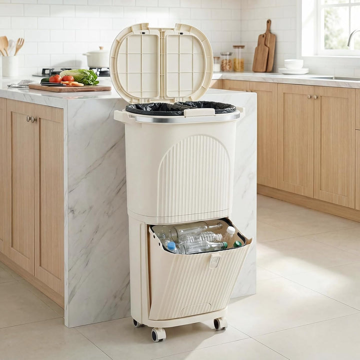 GIANTEX Mülleimer Küche 3 Fächer, Mülltrennsystem mit 2 x 12L Inneneimer & 14L Treteimer, Abfalleime