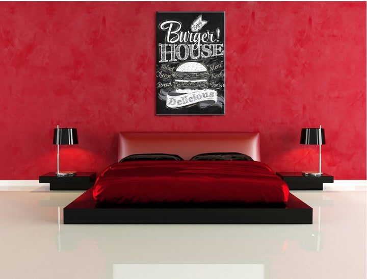 Pixxprint Burger House Pinsel Effekt, Format: 100x70 auf Leinwand, 100x70