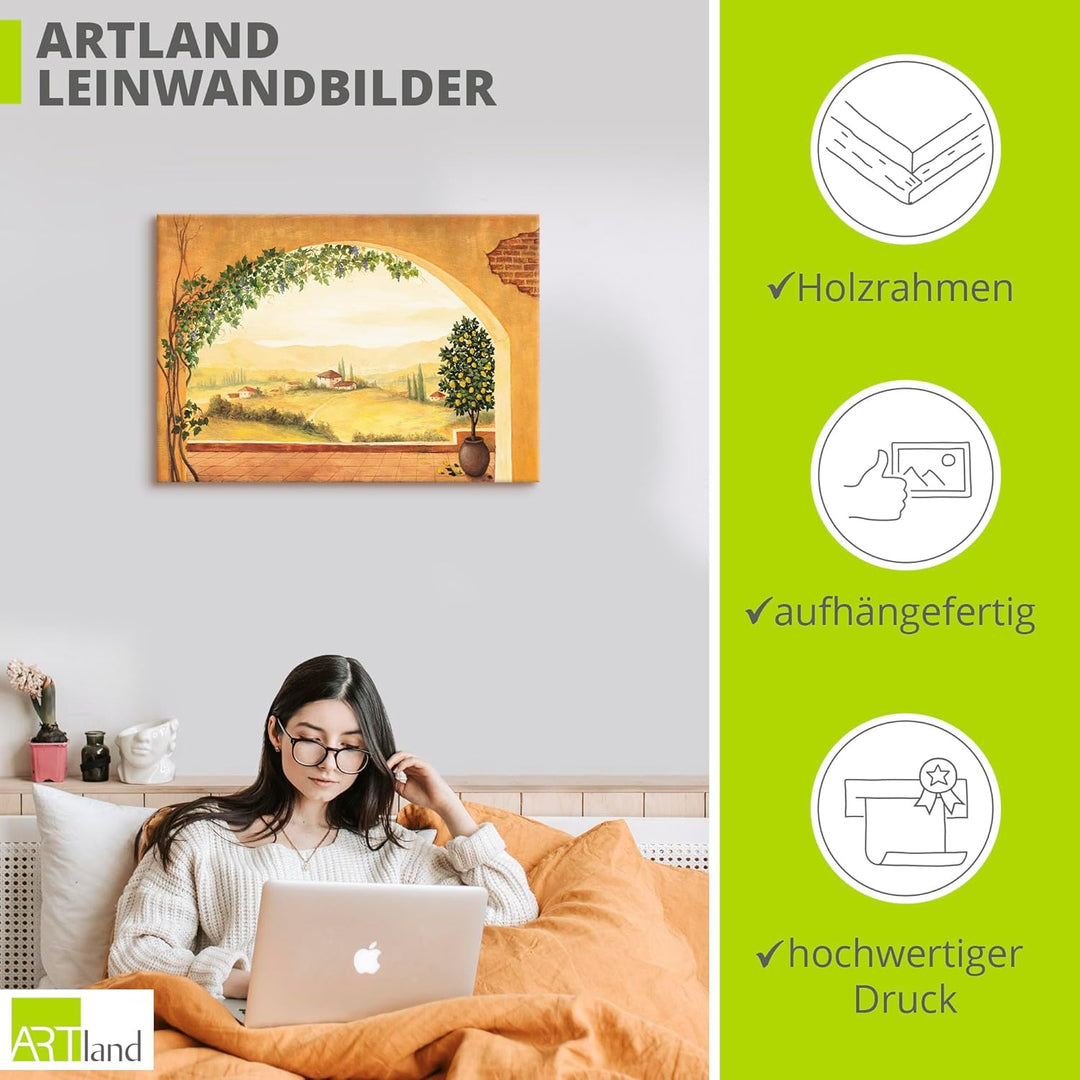 Artland Leinwandbild Wandbild Bild auf Leinwand 100x70 cm Wanddeko Fensterblick Fenster Toskana Land