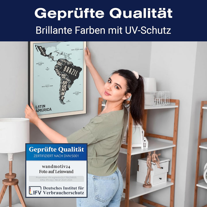 wandmotiv24 Leinwandbild Weltkarte, 60x45cm, Hochformat, Südamerika, Deko, Bilder auf Leinwand, Wand