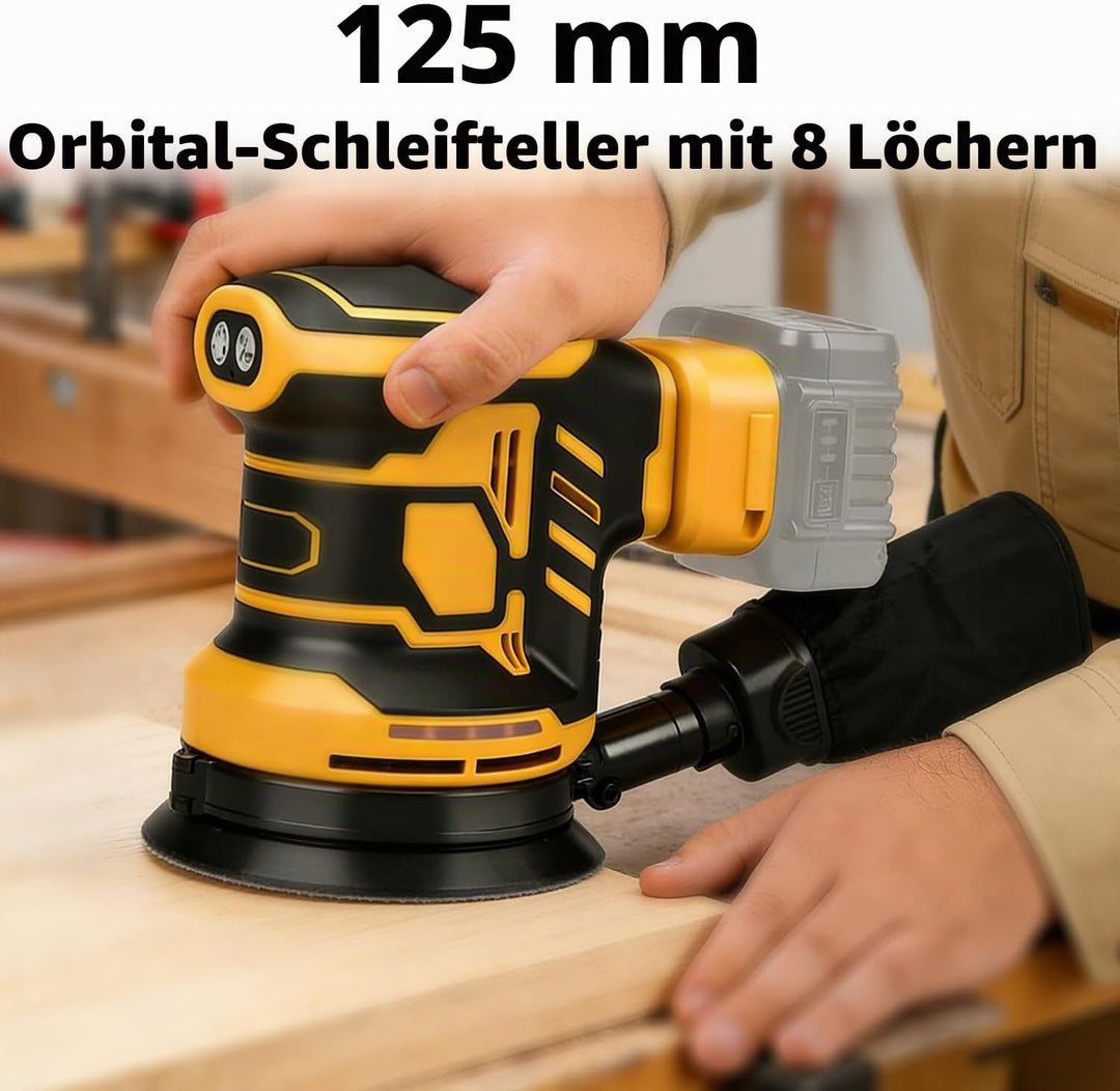 Exzenterschleifer für DeWalt Akku, 125mm Professional Schleifmaschine mit 15 Stück Schleifpapier, 3
