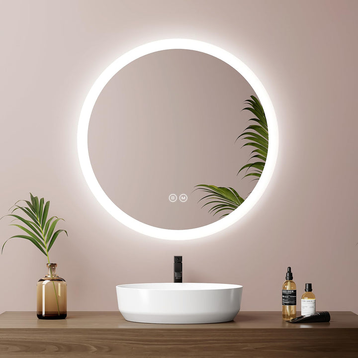 EMKE Badspiegel mit Beleuchtung Rund 50cm Badezimmerspiegel mit Touchschalter, 3 Lichtfarben dimmbar