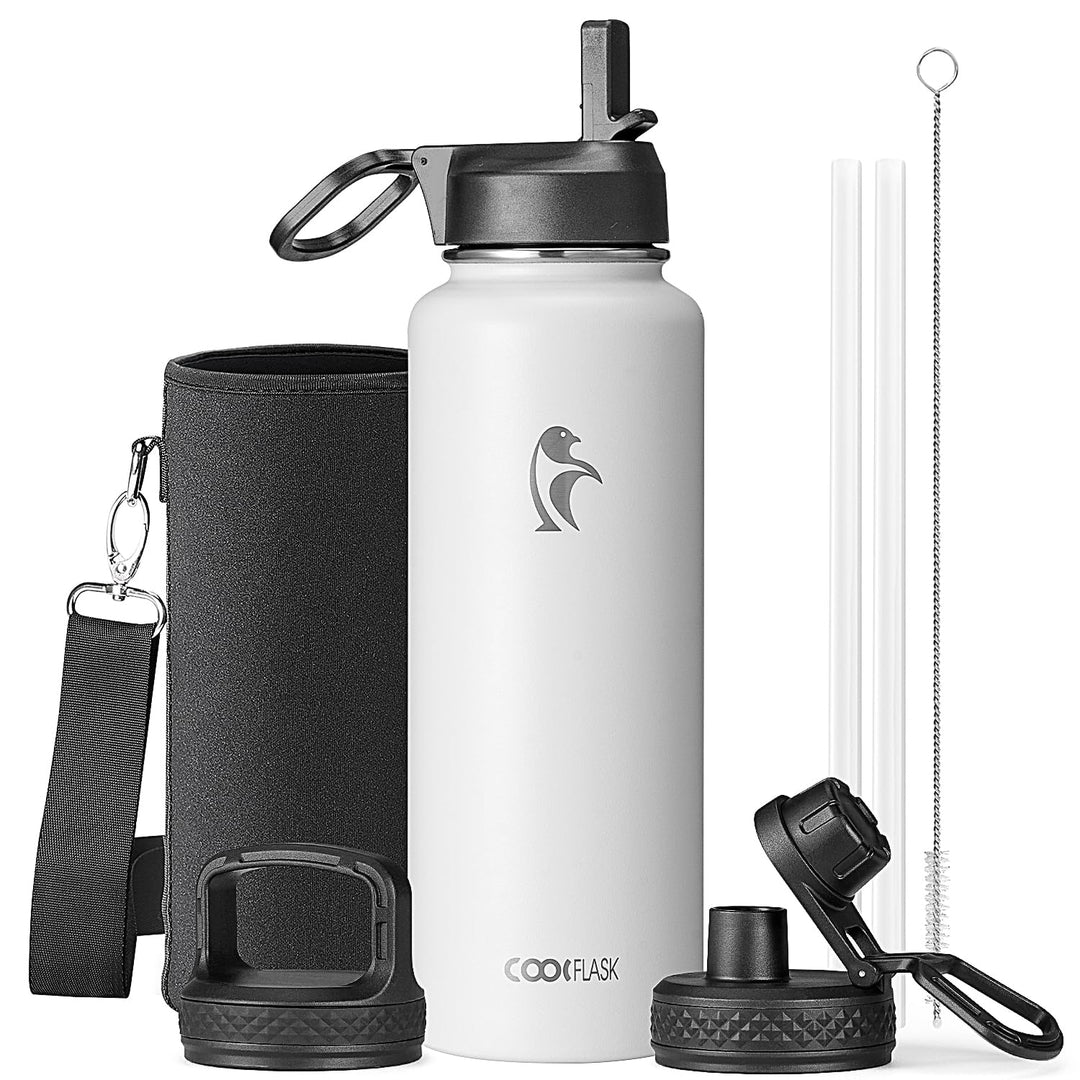 Coolflask Wasserflasche mit Strohhalm, isoliert, Edelstahl, Metall, 3 Deckel, Wasserflasche für Spor
