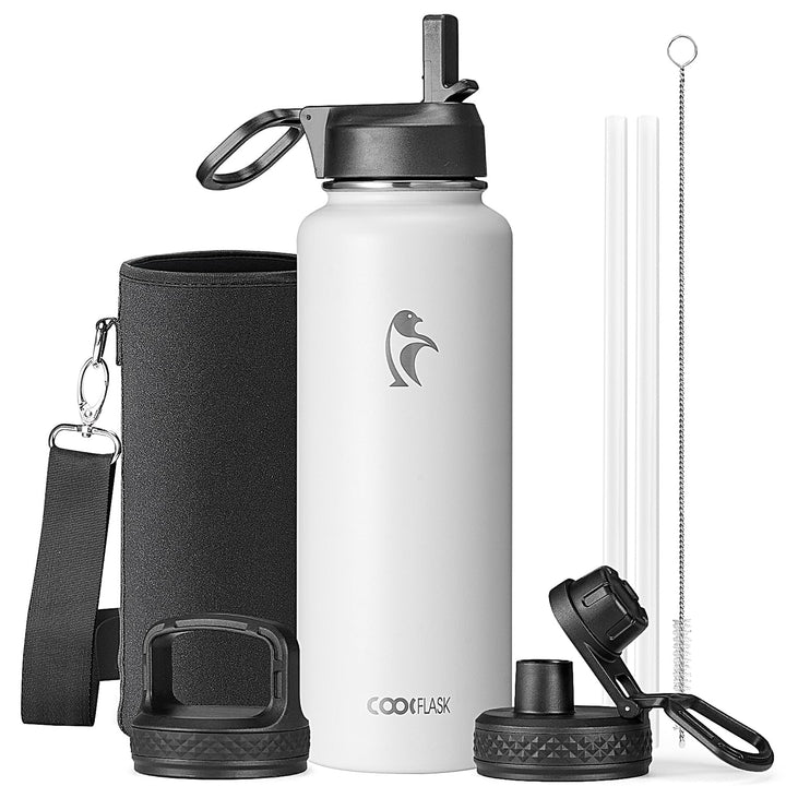 Coolflask Wasserflasche mit Strohhalm, isoliert, Edelstahl, Metall, 3 Deckel, Wasserflasche für Spor