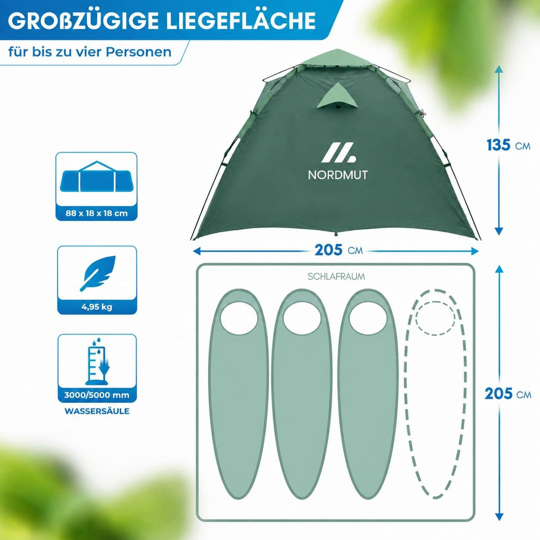 NORDMUT® Wurfzelt 2-4 Personen für blitzschnellen Aufbau – Pop Up Zelt 2-4 Personen wasserdicht &amp; UV