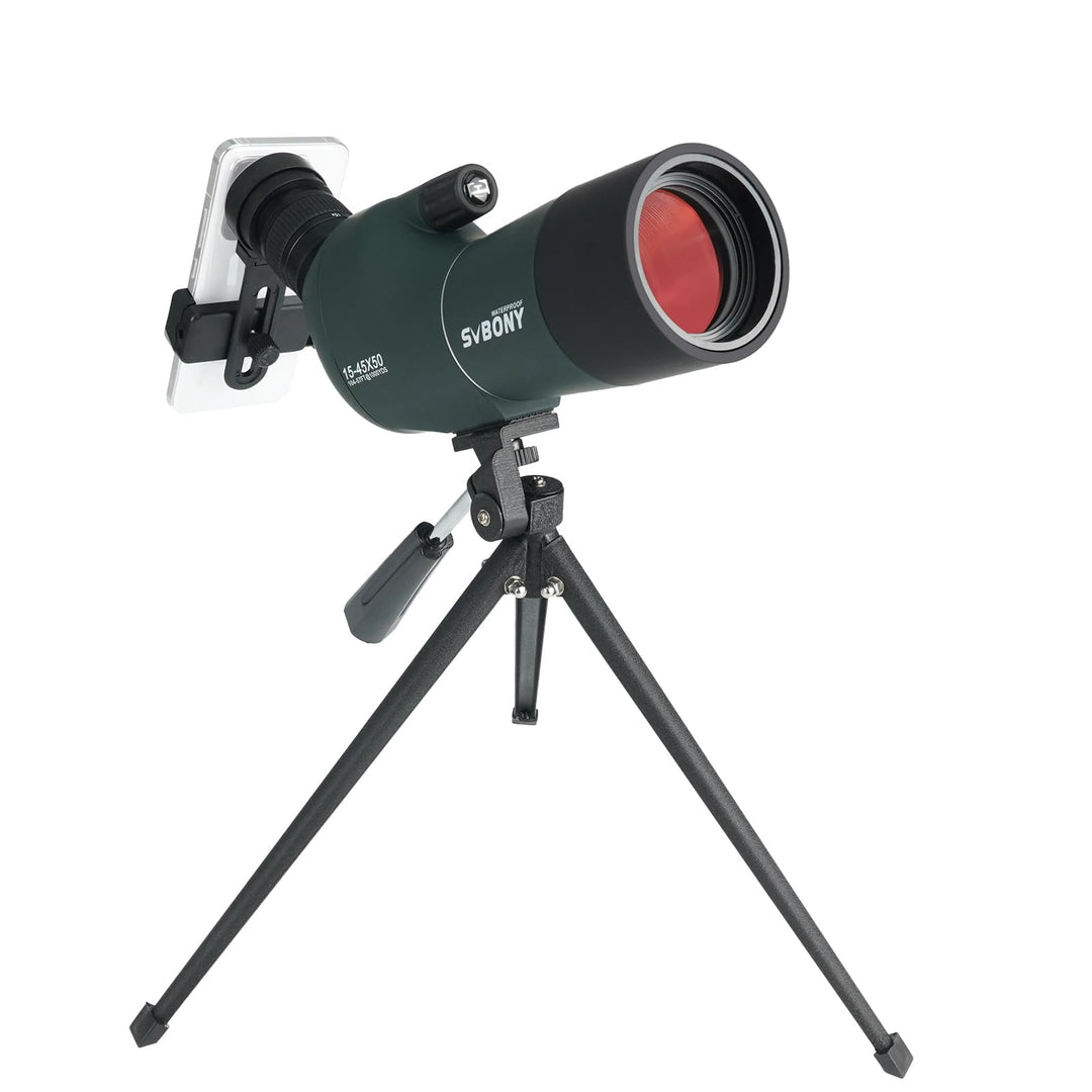 Svbony SV28Plus Spektive mit Stativ, 15–45x50mm mit Telefonadapter, BAK4 A5 Weinrote FMC, IP65 Wasse