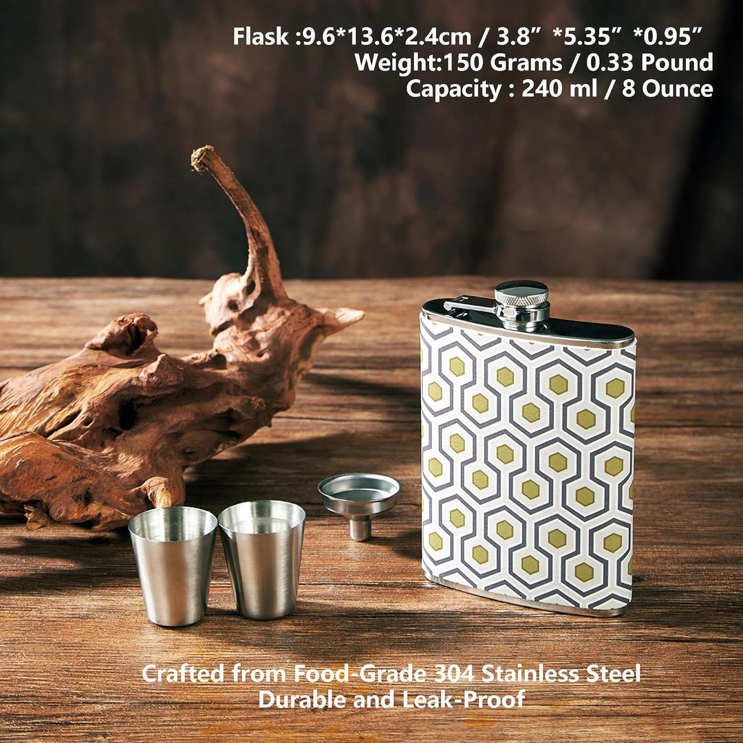 Luxuriöses 237 ml Edelstahl-Flachmann-Geschenkset mit 2 Schnapsgläsern und Trichter, lederbedruckter
