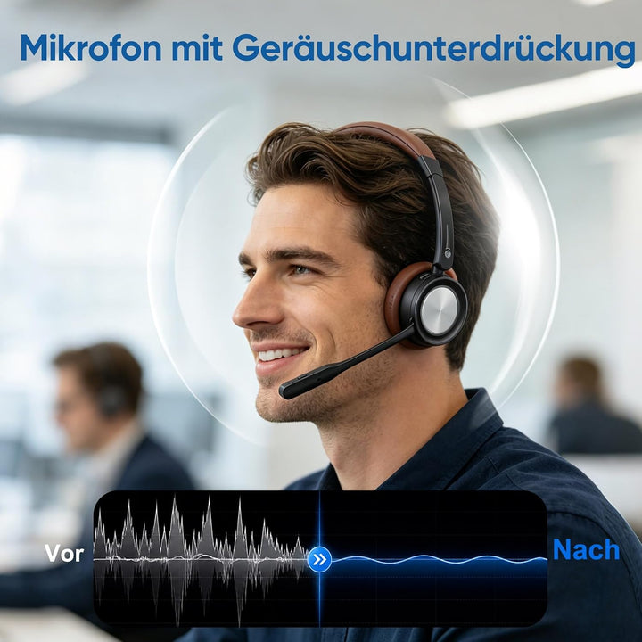 Bluetooth Headset mit Mikrofon für PC, Kabelloses Headset mit Rauschunterdrückungs Mikrofon, USB-Don