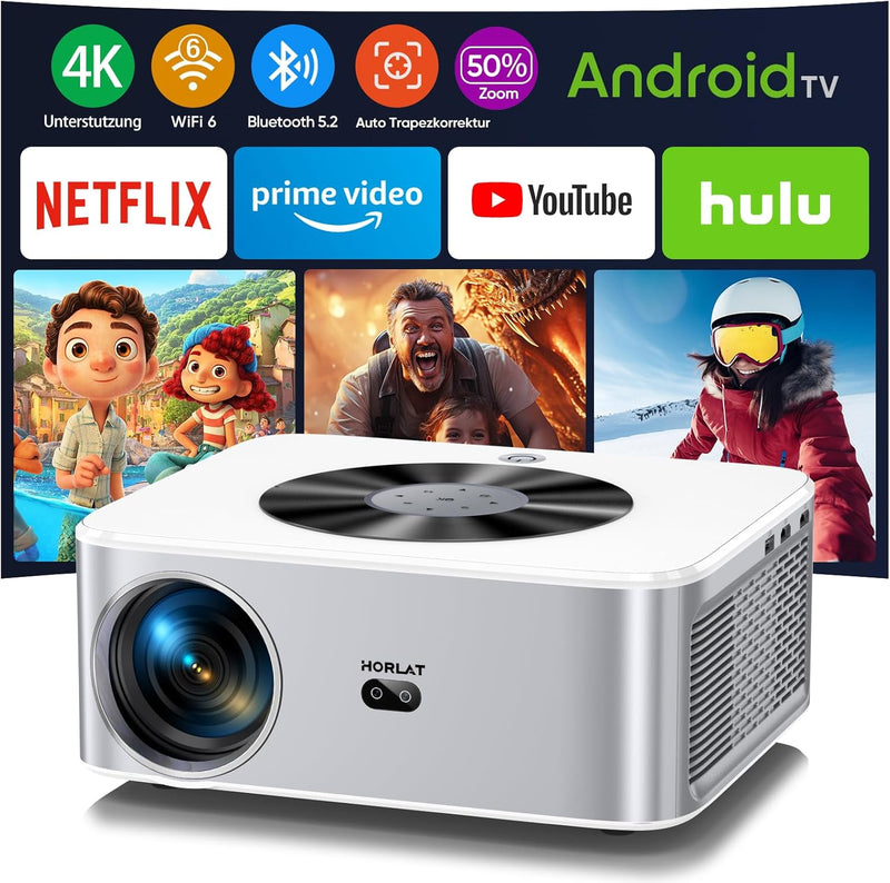 Beamer, HORLAT 28000 Lumen Beamer 4K Heimkino, WiFi 6 Bluetooth Beamer Outdoor, Auto/4P Trapezkorrek