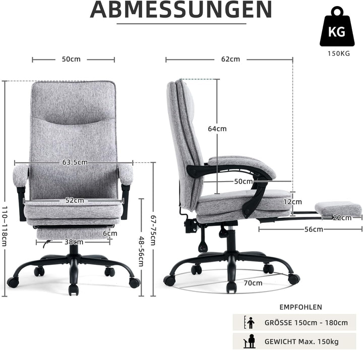 Ergonomischer Bürostuhl mit Liegefunktion, Fussstütze, 90°-135° Neigbar Schreibtischstuhl, Synchroni