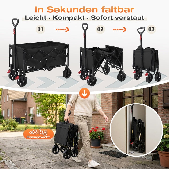 SUNULA Bollerwagen Faltbar Klein 80L 100KG, Faltbarer Bollerwagen Klappbarer Handwagen mit Halbierte