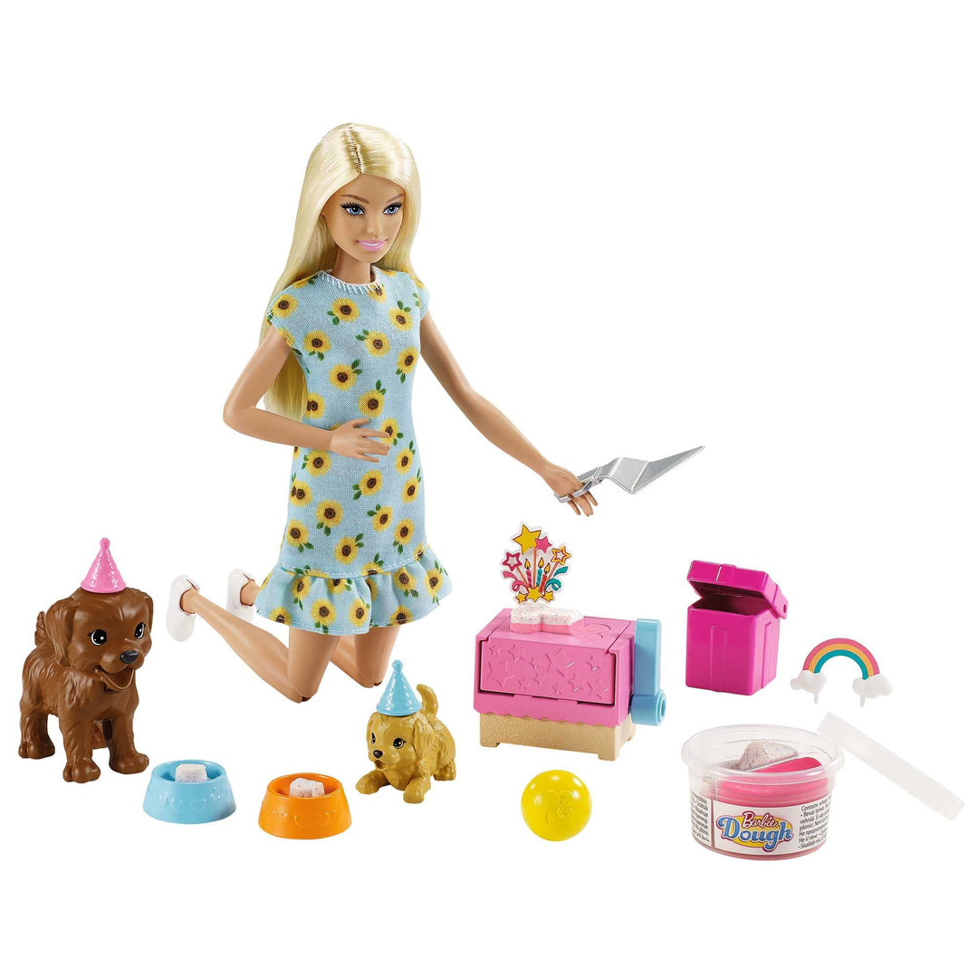 Barbie Welpenparty, Barbiepuppe mit blonden Haaren, Zwei Hundewelpen, Knetmasse für Hundekuchen, Zub