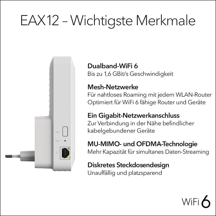 NETGEAR Nighthawk EAX12 WiFi 6 WLAN Mesh Repeater AX1600 WLAN Verstärker, bis zu 100 m² & 15 Geräte,
