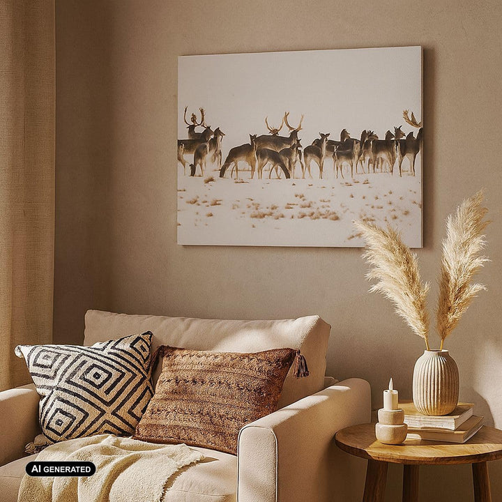 Bilder auf Leinwand 100x70cm Leinwandbild Hirsch Winter Tierwelt Landschaft Gross Wanddeko Bild Schl