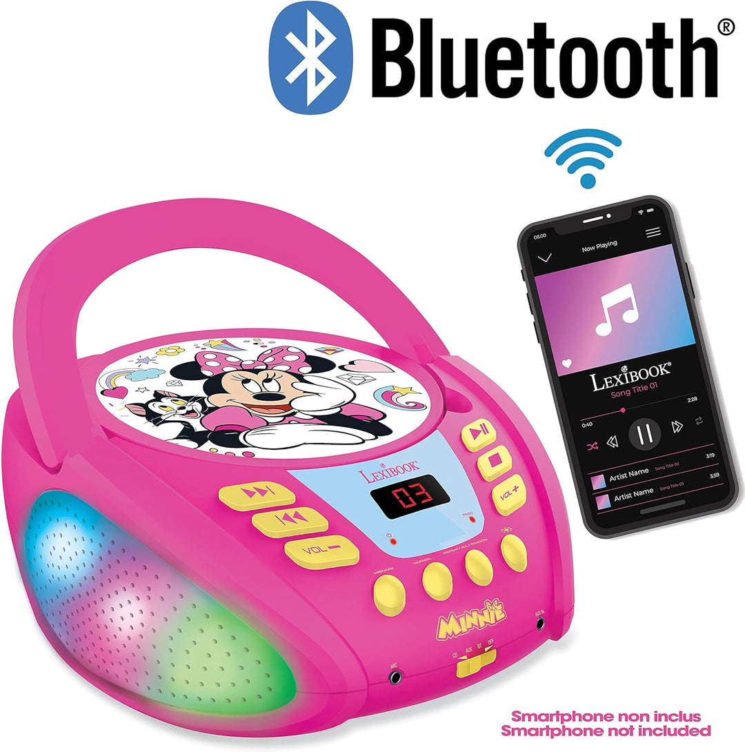 Lexibook RCD109MN Disney Minnie-Bluetooth-CD-Player für Kinder-Tragbar, Lichteffekte, Mikrofonbuchse