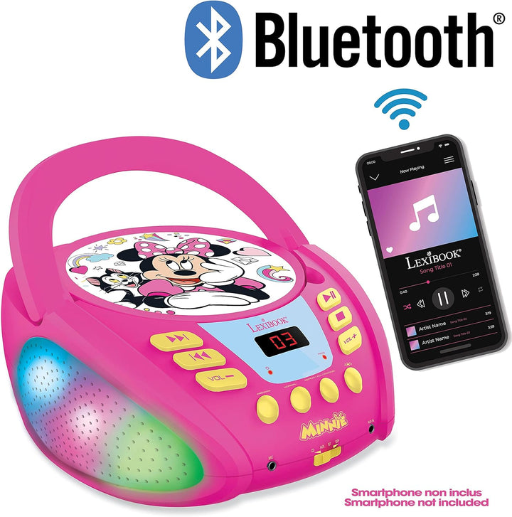 Lexibook RCD109MN Disney Minnie-Bluetooth-CD-Player für Kinder-Tragbar, Lichteffekte, Mikrofonbuchse