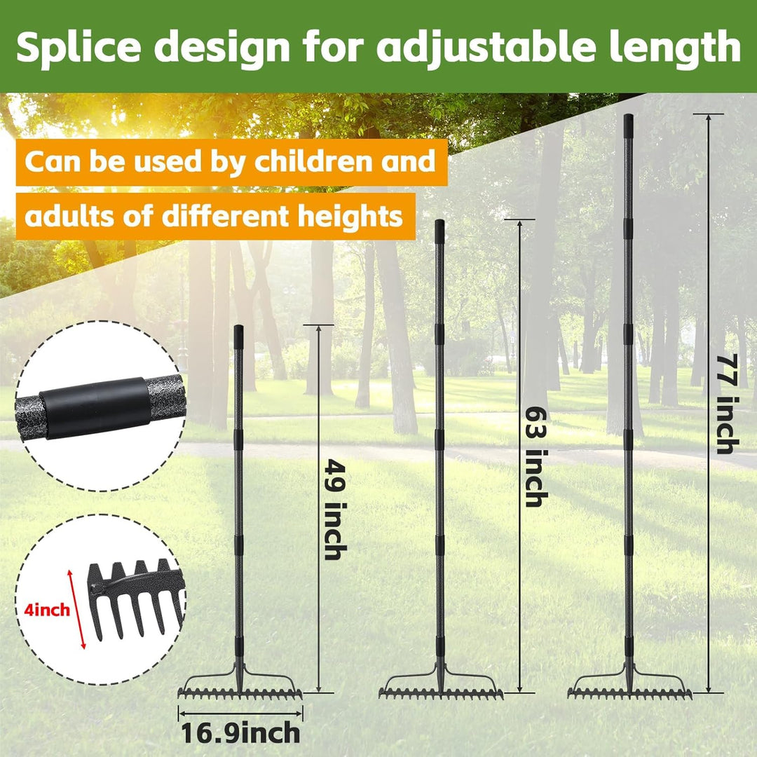 Gartenrechen mit 17 Zinken, Grossflächen Laubrechen mit breitem Kopf, Gartenharke Metall Schwerlast