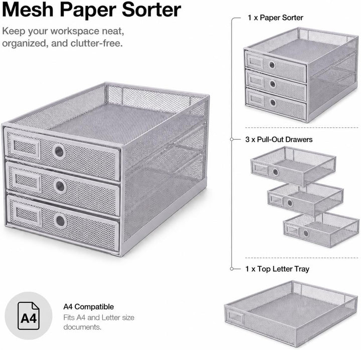 EXERZ Papier Sortierer mit 3 Schubladen/A4 Dokumente/Schubladenbox - Drahtgeflecht Büroablage/Aufbew