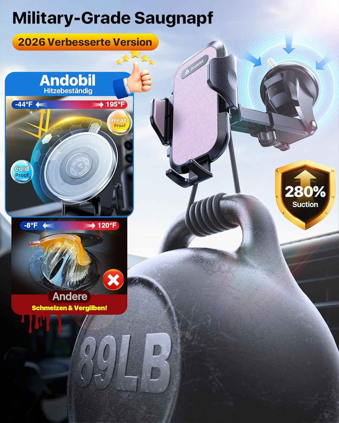 andobil Handyhalterung Auto [2026 Neueste Saugnapf] 3 in 1 Saugnapf & Lüftung Halter Universale KFZ