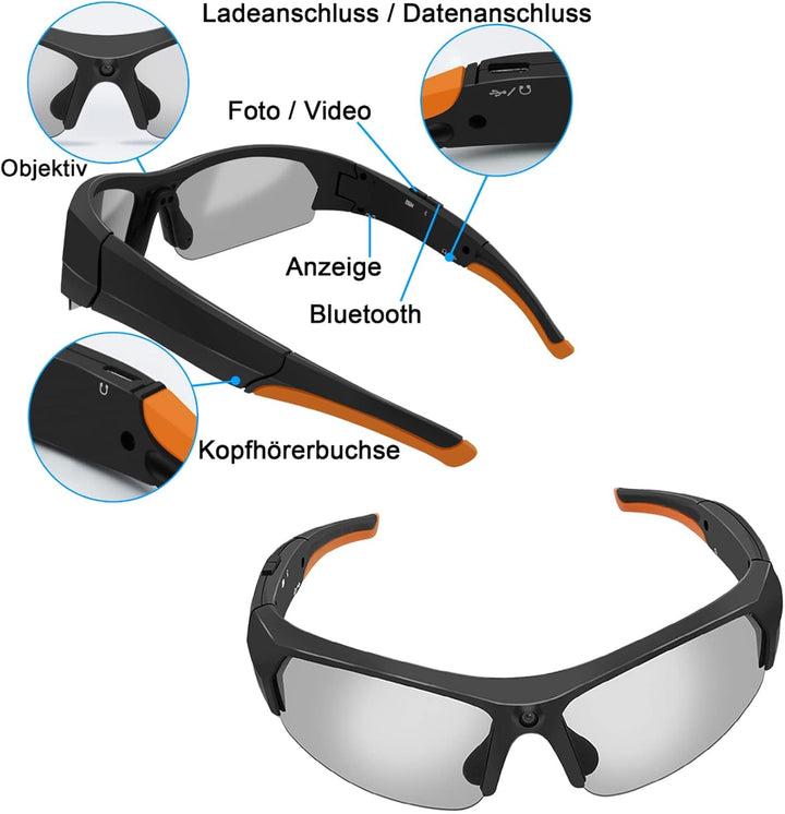 TANGMI Mini Kamera, 1080P HD Brille mit Kamera, Polarisiertes Objektiv, Eingebauter 32GB Speicher, K