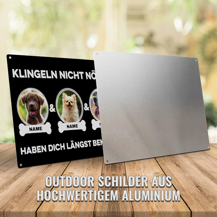 Hunde Schild personalisiert - Klingeln nicht nötig - Metallschild mit Foto und Name für aussen, wett